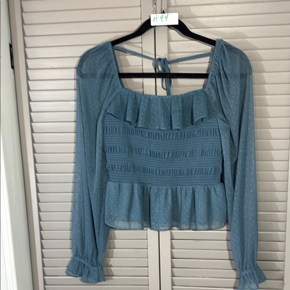 LC Lauren Conrad Blue Puff Sleeve Smocked Blouse